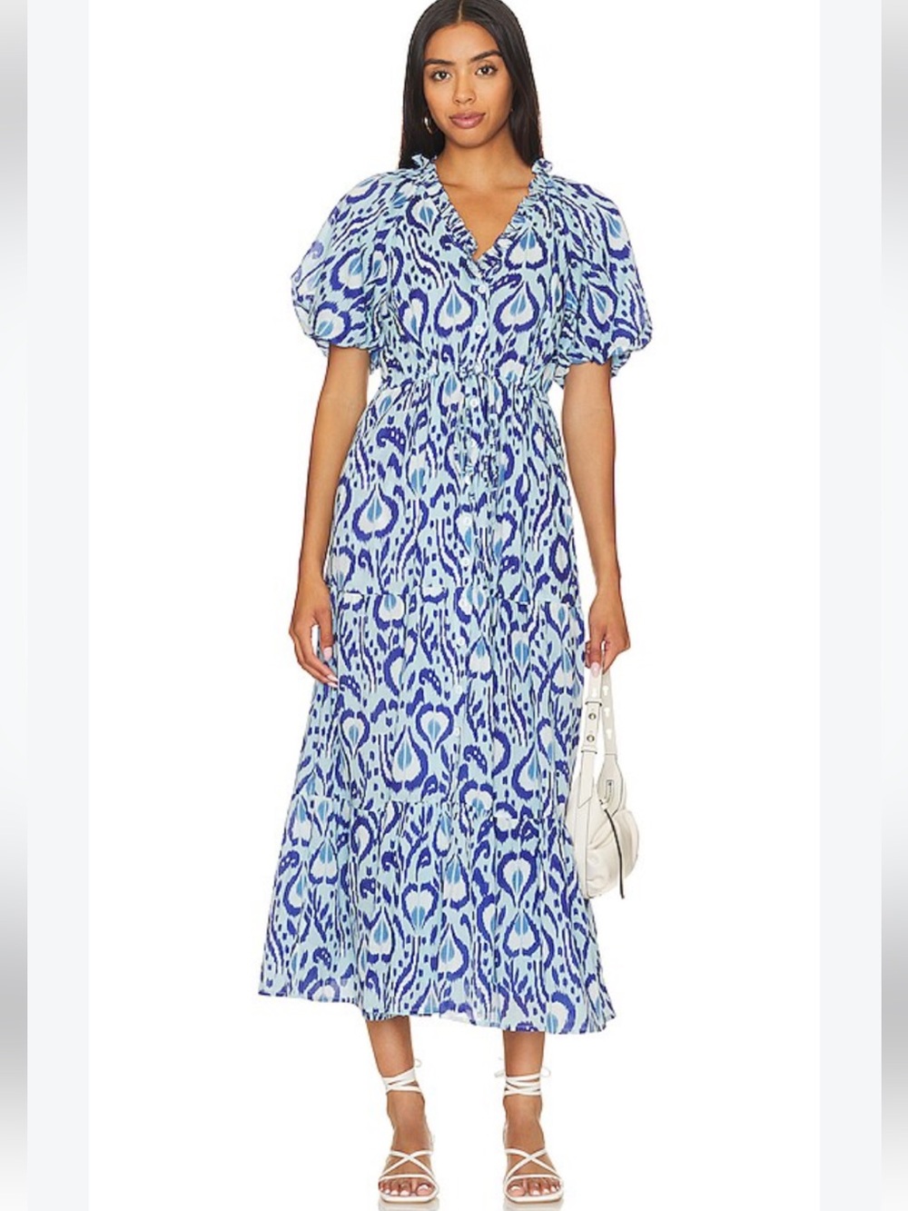 Banjanan Poppy Dress in Bospherous- Blue Printed Puff-Sleeve Cotton Maxi Dress